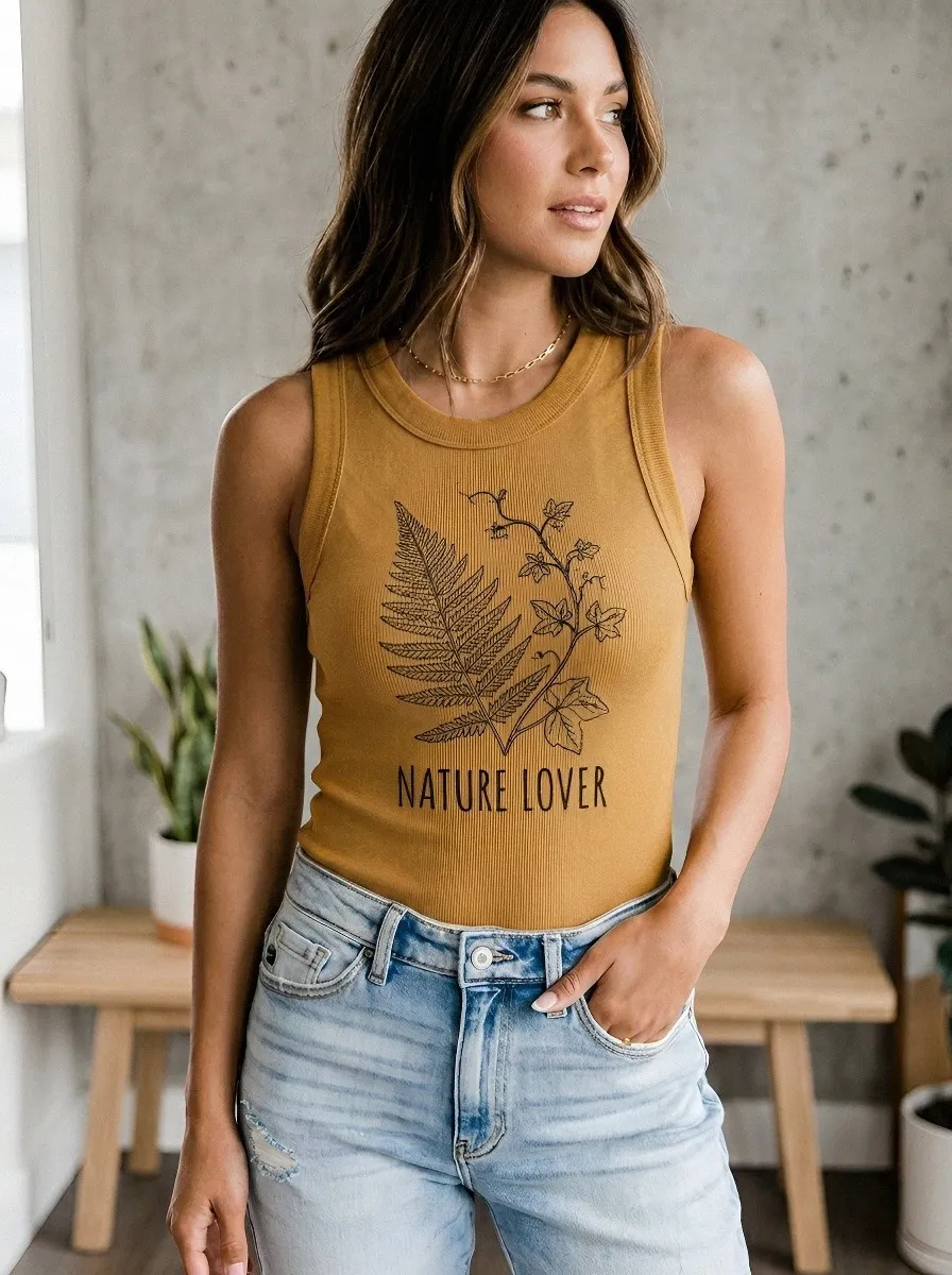 Women's Nature Lover Fern Leaf Botanical Printed Ribbed Tank Top