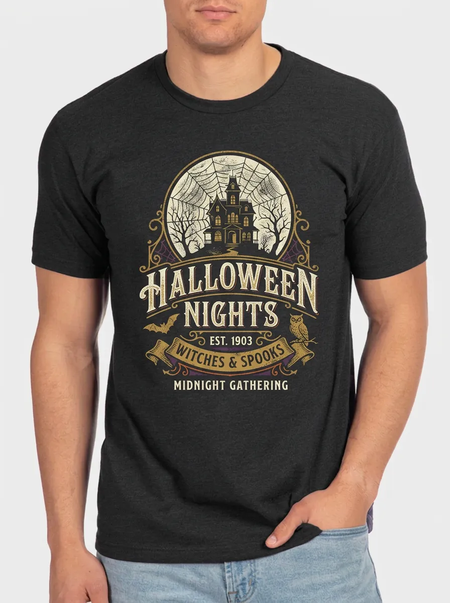 Men's Halloween Nights Haunted House Witches Spooks Printed T-shirt