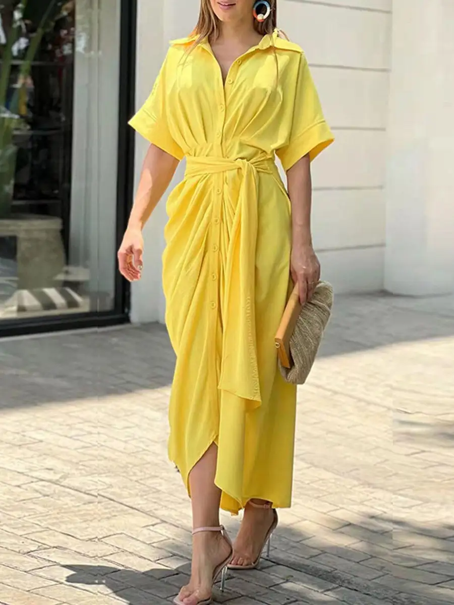 Elasticated Pleated Buttoned Shirt Maxi Dress