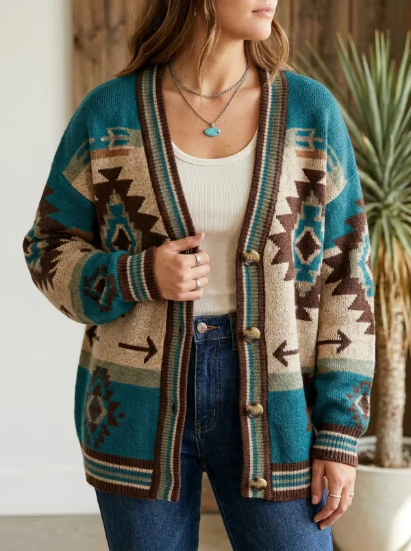Women's Western Rust Multi-Color Southwestern Pattern Cardigan