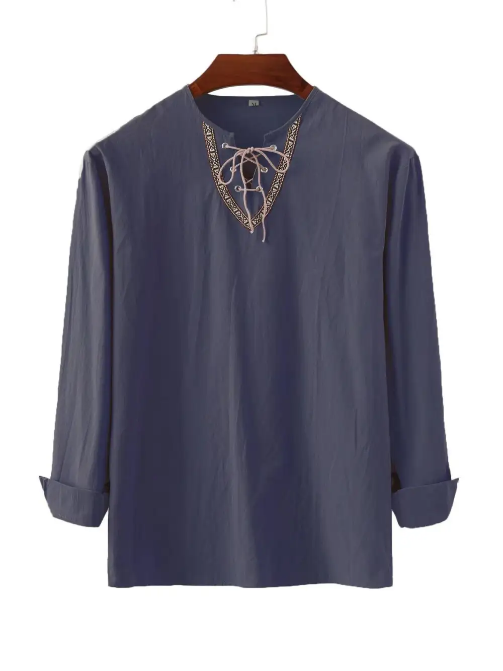 Men's Linen Tunic Shirt With Lacing And Ethnic Border