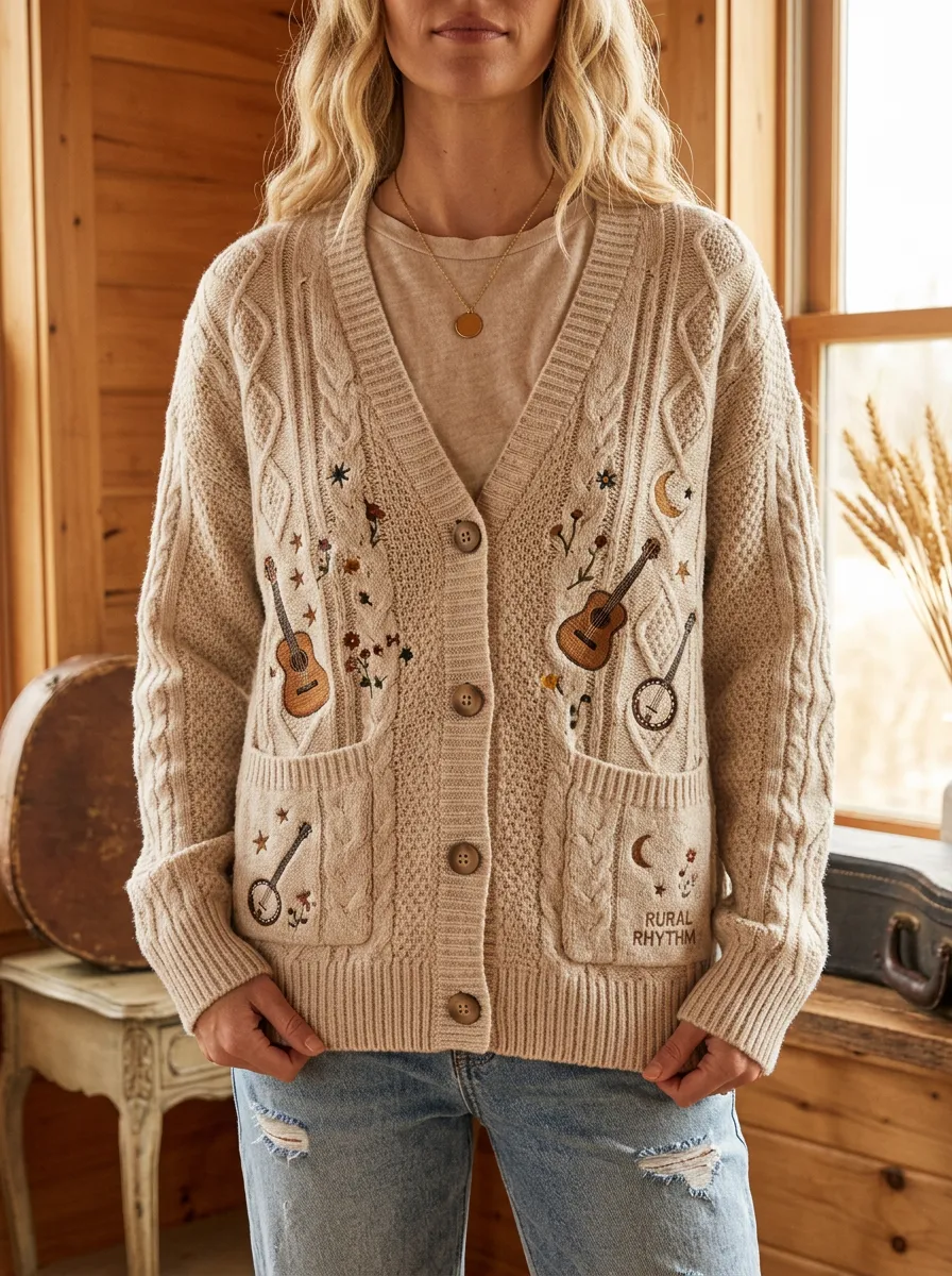 Guitar Banjo Embroidered Women's Country Music Casual Cardigan