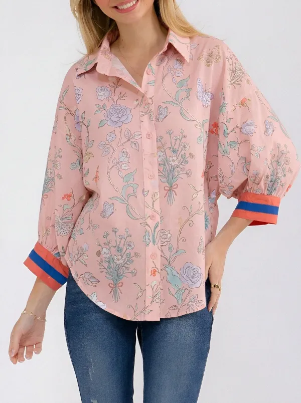 Women's Floral Butterfly Botanical Printed Button-Down Shirt