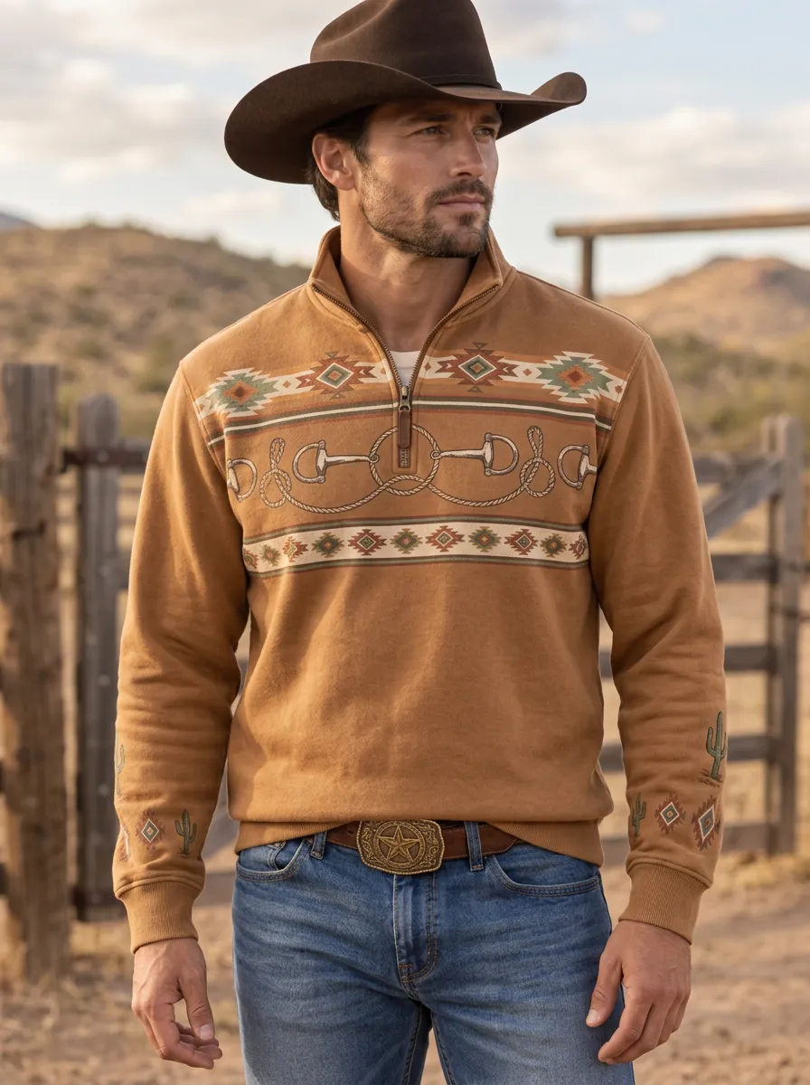 Men's Classic Western Cowboy Horse Cactus Quarter-Zip Sweatshirt