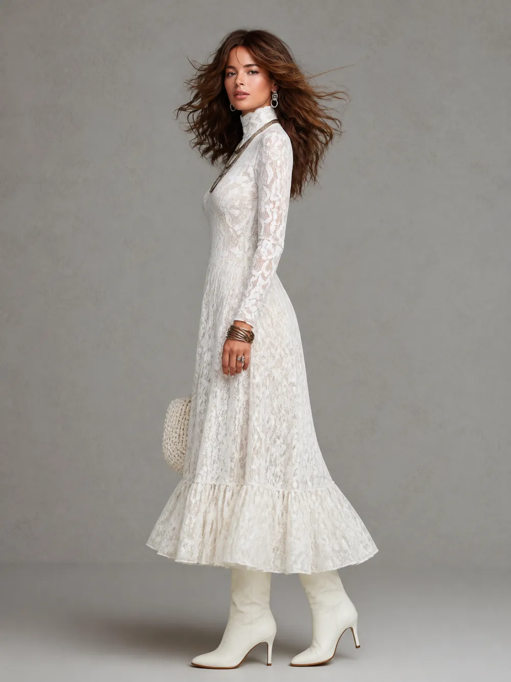 Elegant Sheer Floral Lace Turtleneck Long Sleeve Midi Dress
