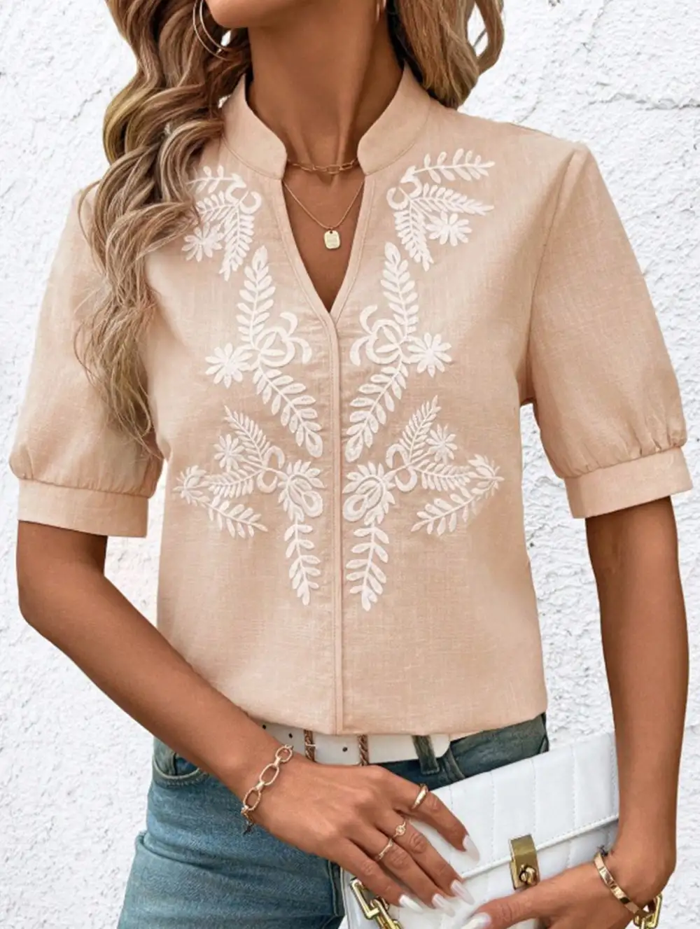 V Neck Embroidered Cotton Short Sleeve Blouse