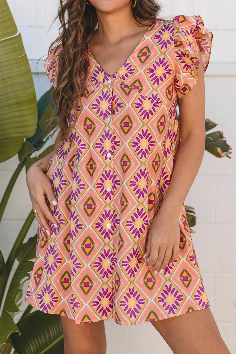 Floral Ruffle Trim Button Front Mini Dress