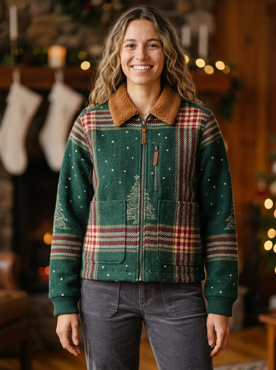 Christmas Holiday Plaid Tree Pattern Print Jacket