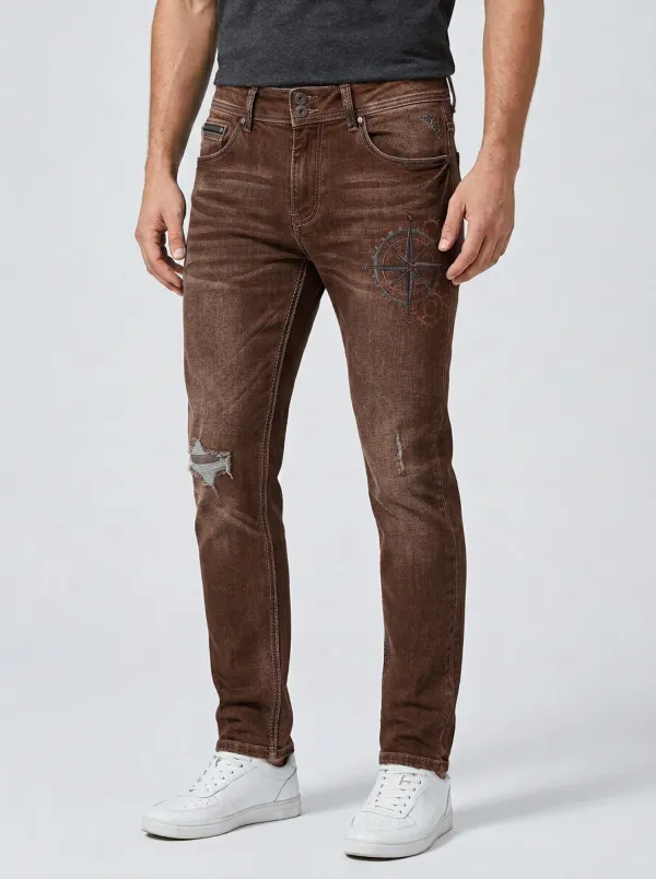 Men's Nautical Compass Gear Graphic Slim-Fit Jeans