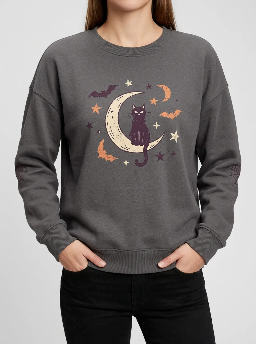 Women's Halloween Black Cat Moon Bats Printed Sweatshirt