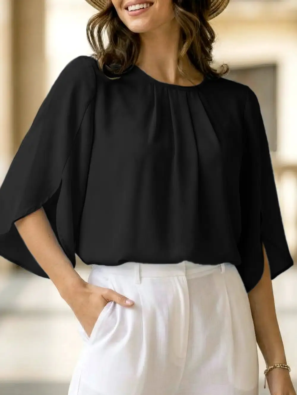 Chiffon Crew Neck Half Sleeve Blouse