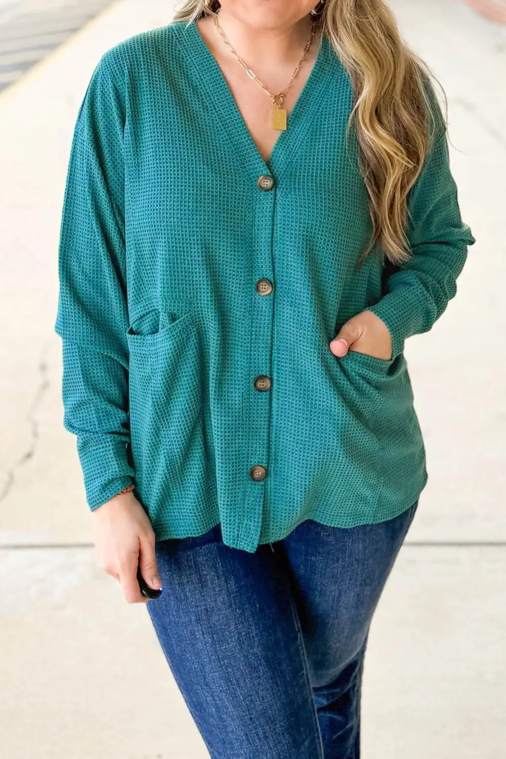 Button-Front V-Neck Long-Sleeve Waffle-Textured Cardigan