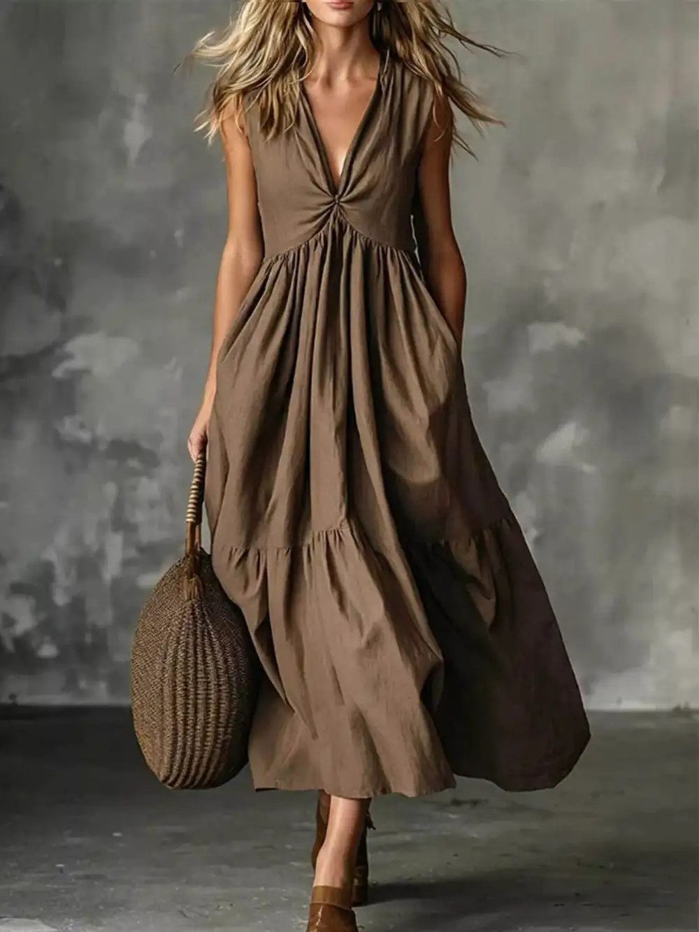 Tiered V-Neck Midi Dress