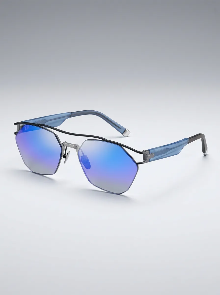 Unisex Modern Geometric Blue Mirror Lens Metal Frame Sunglasses