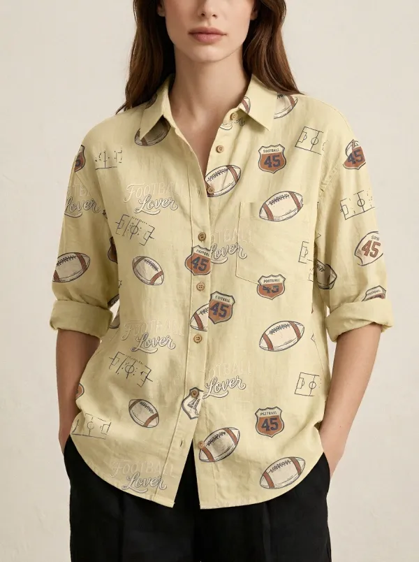 Women's Football Lover American Rugby Printed Button-up Shirt