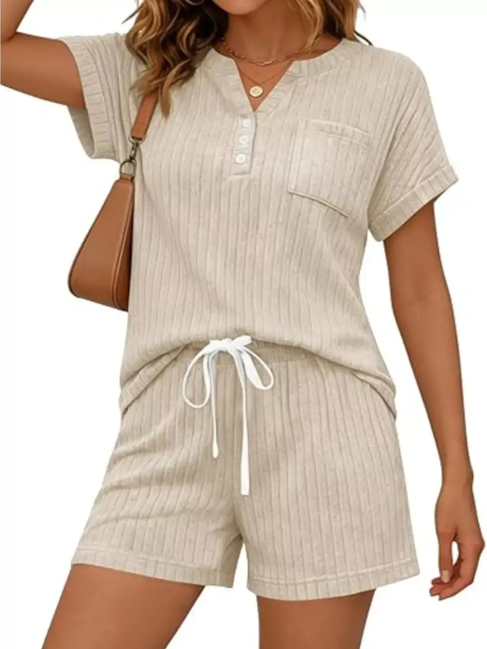 Casual Ribbed Knit Tee Shorts Set