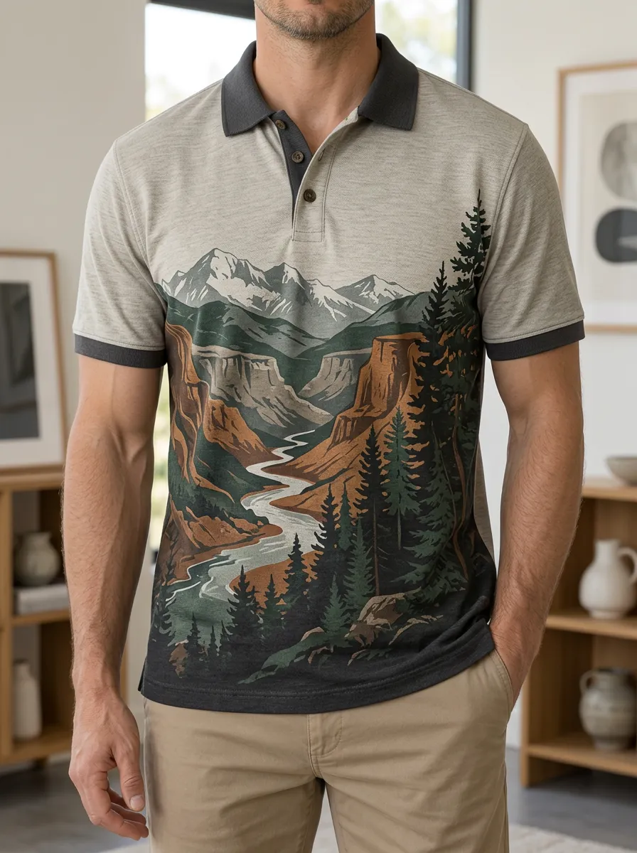 Men's Nature Lover Mountain River Pine Forest Printed Polo Shirt
