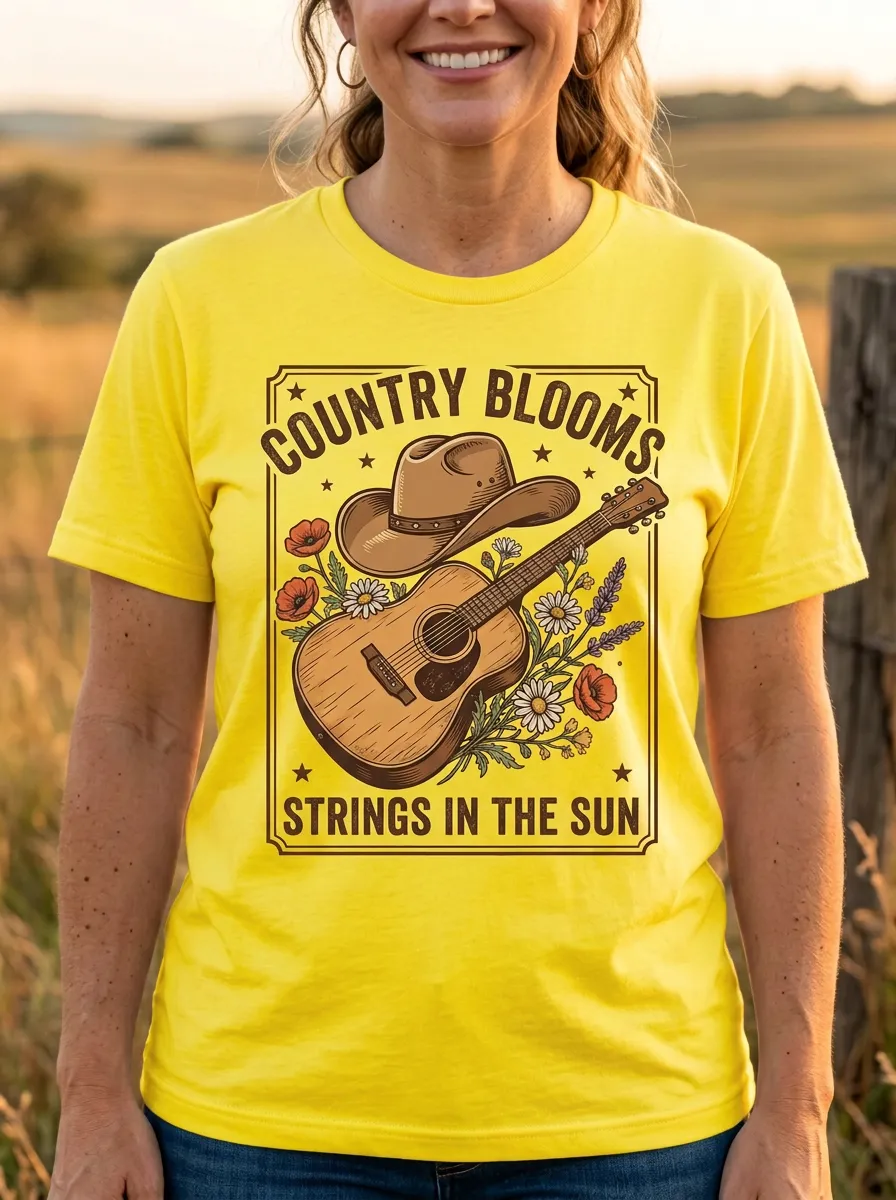 Country Music Cowboy Hat Guitar Floral Crew Neck T-Shirt