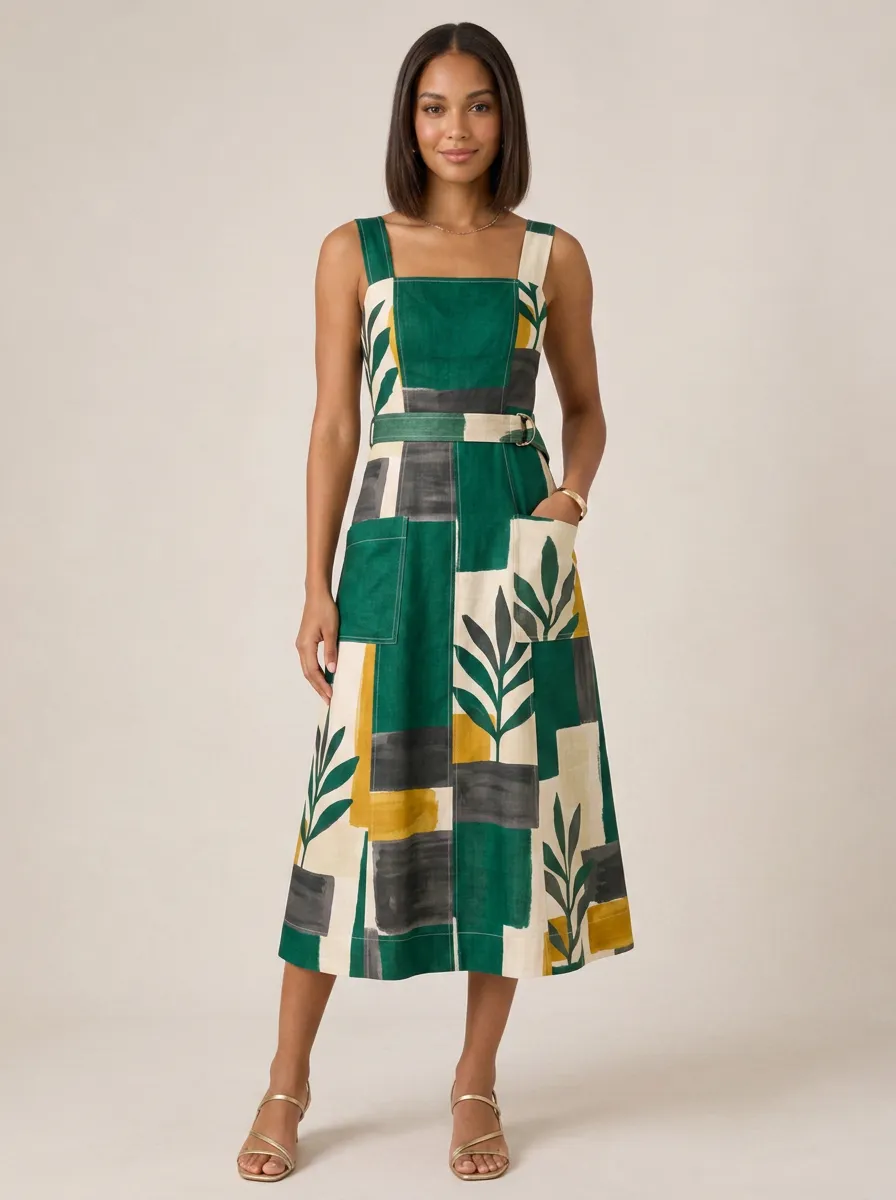 Women's Botanical Abstract Geometric Printed Midi Dress