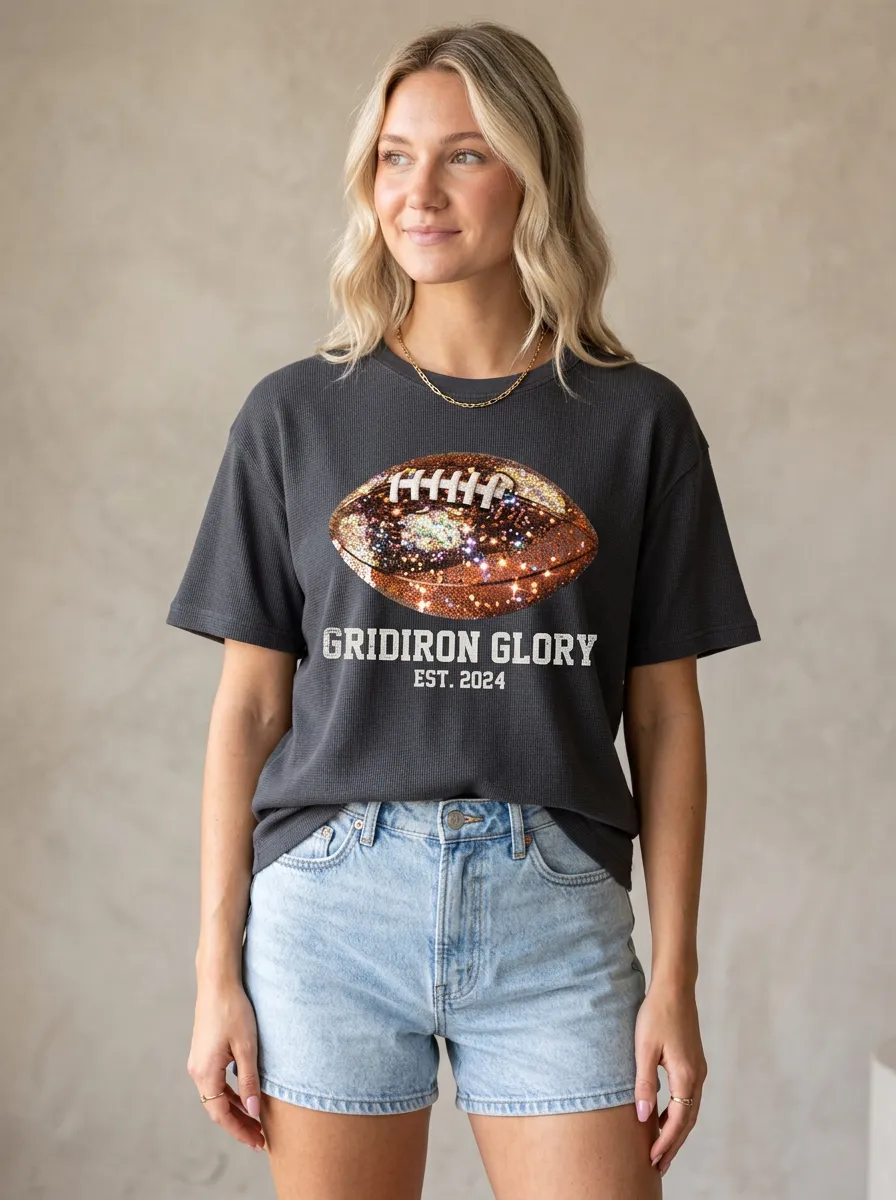 Women's Football Lover Gridiron Glory Glitter Ball Printed T-shirt