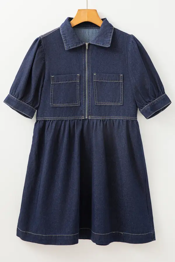 Versatile Denim Look Zip Front Collared Mini Dress