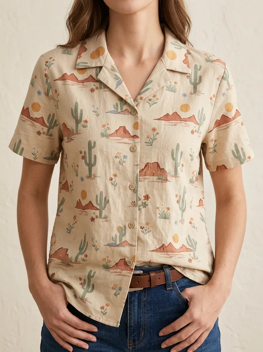 Women's Western Desert Cactus Mountain Printed Short Sleeve Shirt