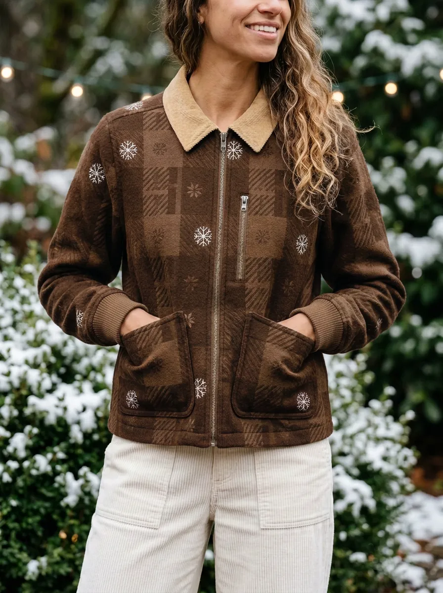 Christmas Holiday Snowflake Plaid Print Jacket