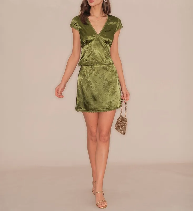 Green Floral Satin Mini Skirt