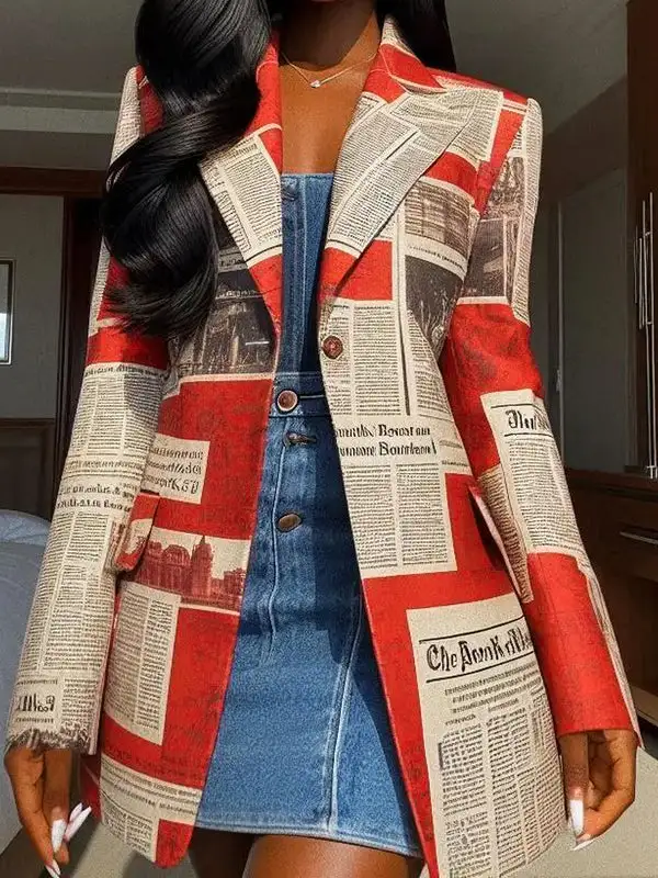 Long Sleeve Relaxed Button Front Newspaper Print Pocket Blazer