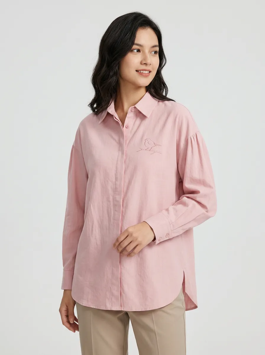 Women's Minimalist Bird Line Art Printed Pink Button-up Shirt