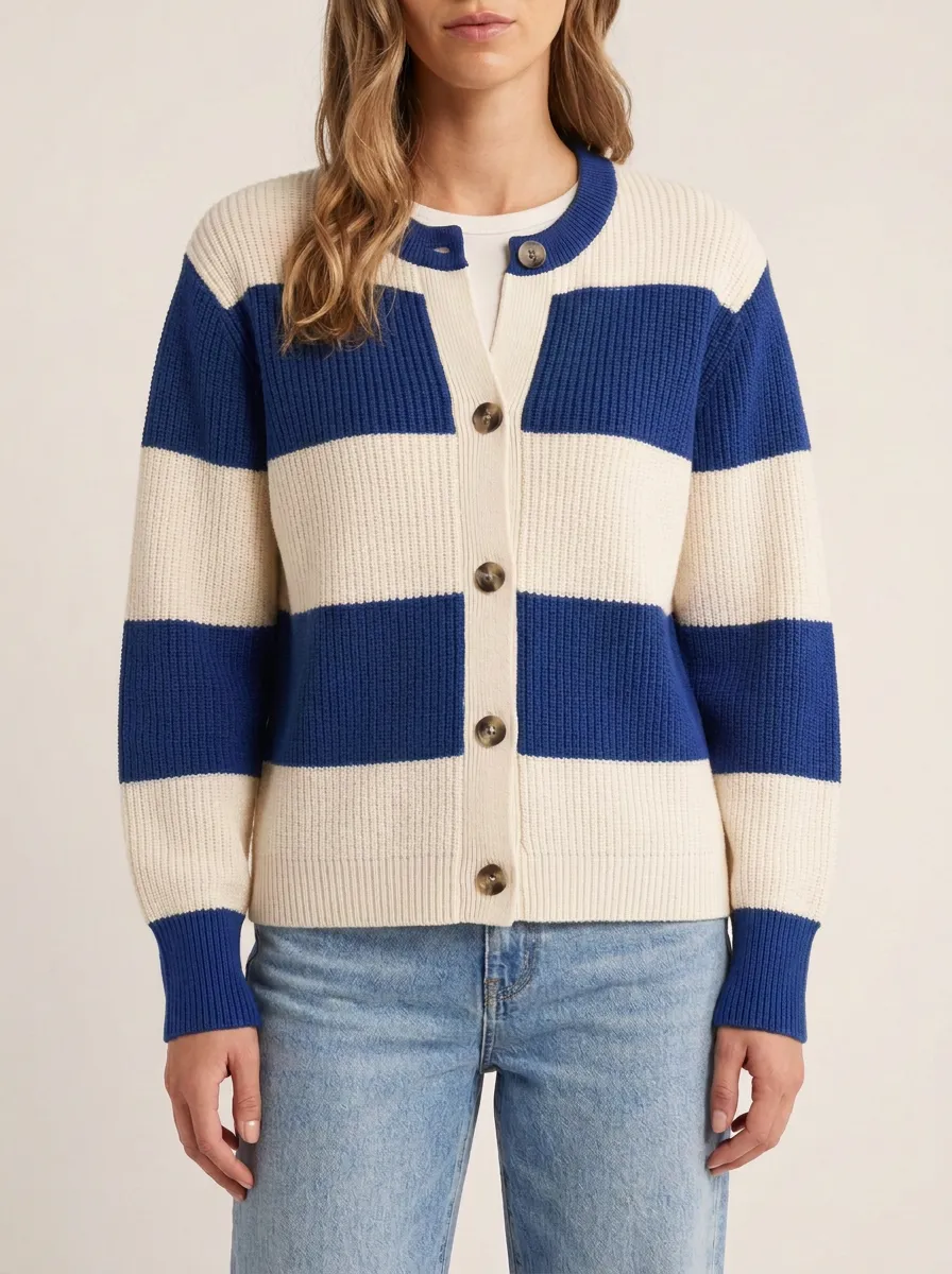 Sport Inspired Distinctive Rugby Striped Knit Cardigan