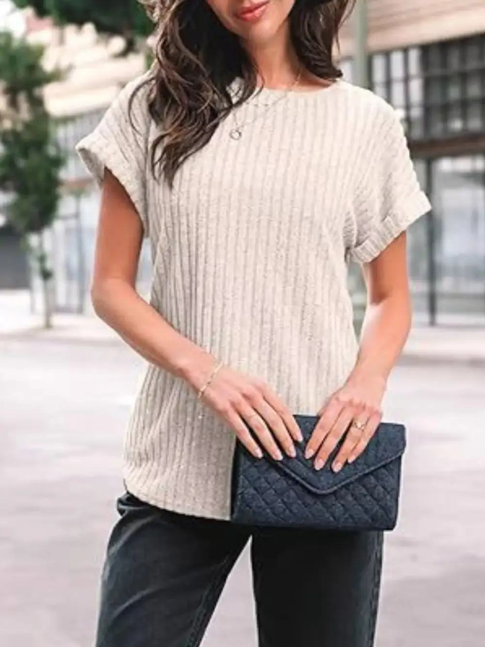 Casual Ribbed Knit Short Sleeve T Shirt