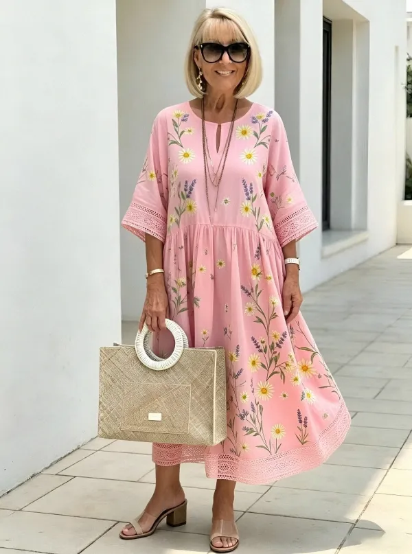 Women's Summer Vacation Blue Floral Olive Green Printed Shirt Dress