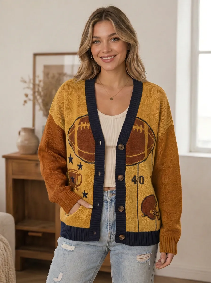 Women's Touchdown Inspired Gridiron Helmet Trophy Ball Knit Cardigan