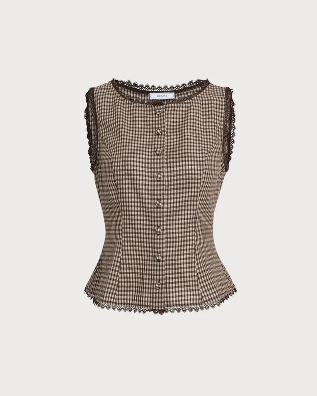 Brown Plaid Single Breasted Vest