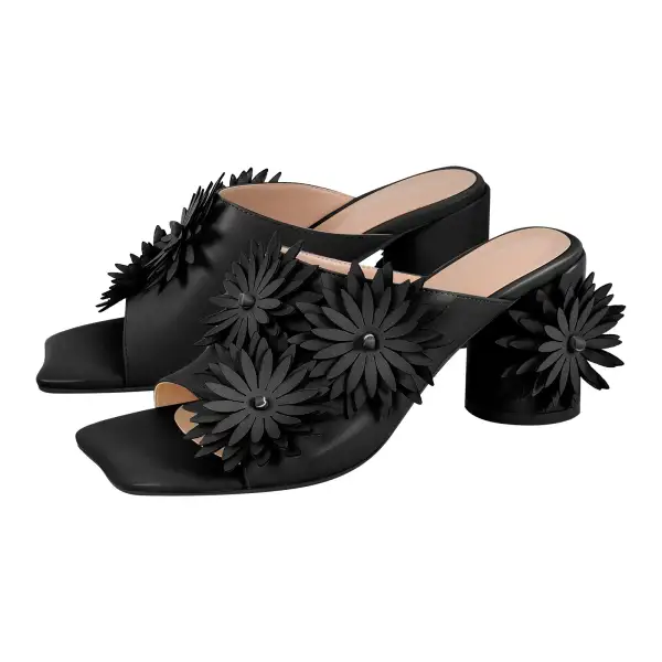 Square Toe Flower Chunky Heel Mule Sandals
