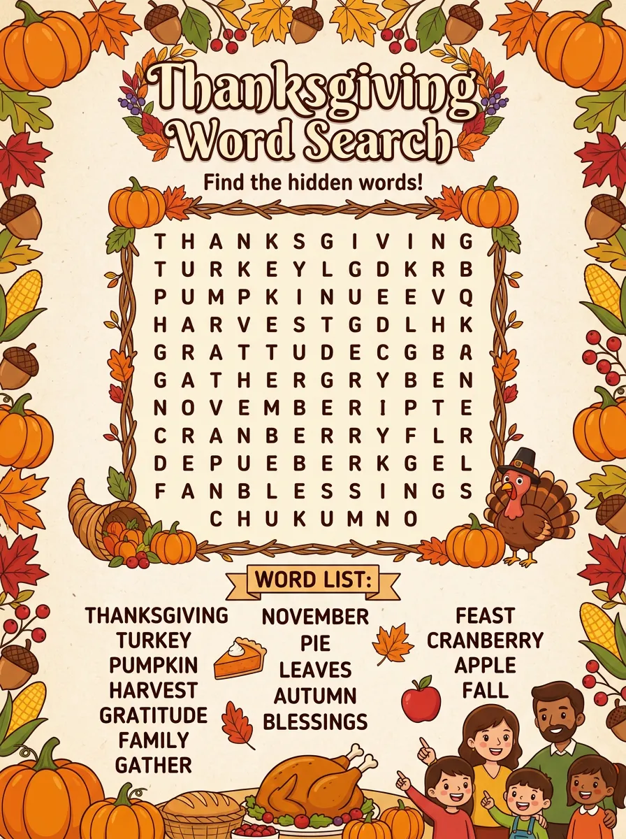Family Thanksgiving Turkey Pumpkin Word Search Poster