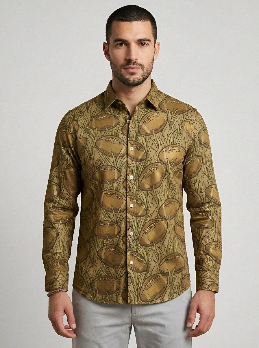 Men's Football Lover Grass Field Pattern Printed Button-up Shirt