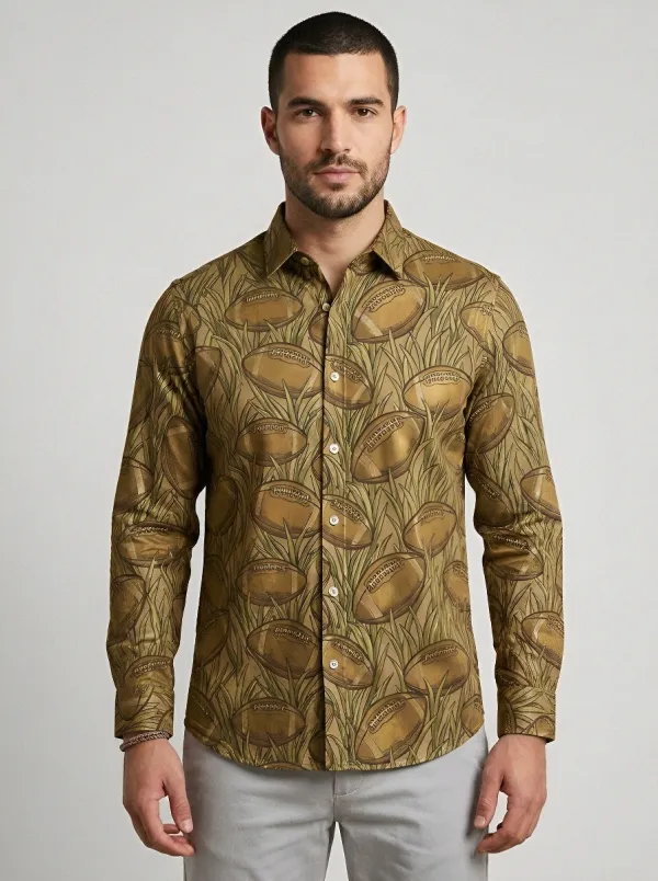 Men's Football Lover Grass Field Pattern Printed Button-up Shirt