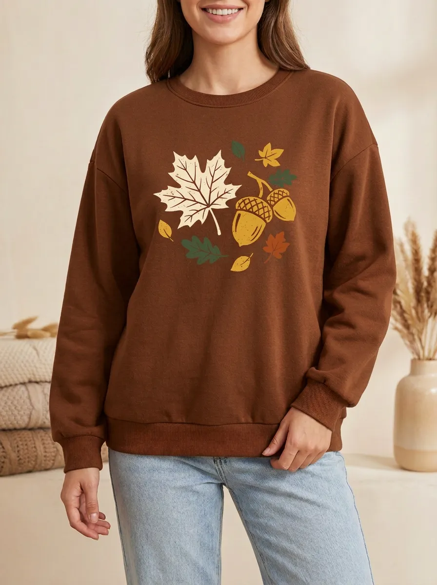 Layered Look Maple-Leaf Printed Acorn Graphic Sweatshirt