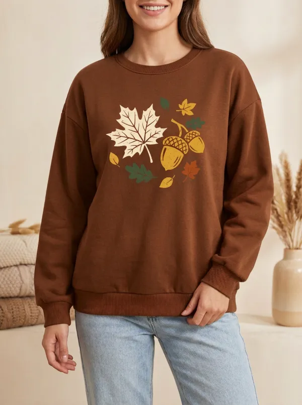 Layered Look Maple-Leaf Printed Acorn Graphic Sweatshirt