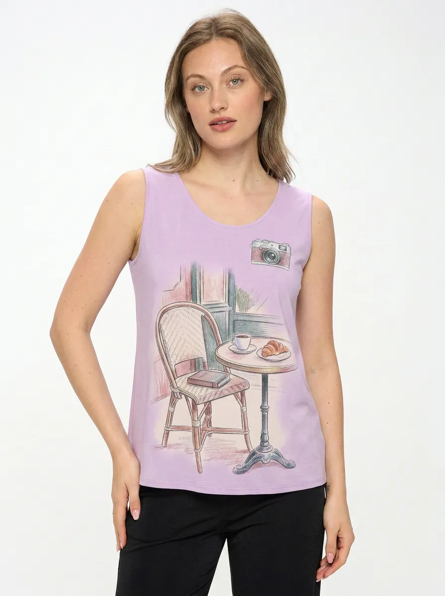 Women's Paris Cafe Lover Camera Croissant Printed Tank Top