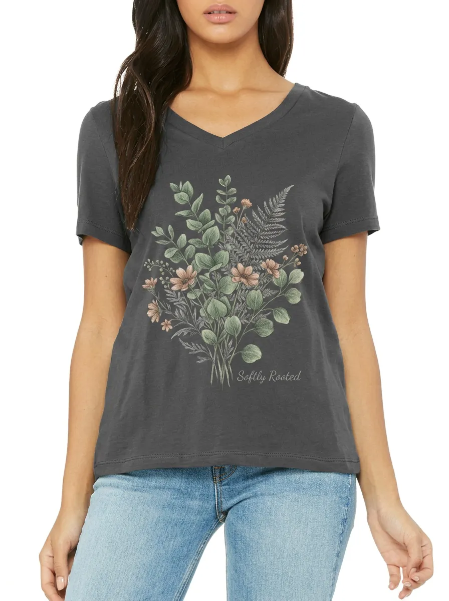 Women's Softly Rooted Botanical Flower Fern Printed V-neck T-shirt