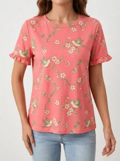 Bird Butterfly Floral Women's Loose Printed T-Shirt