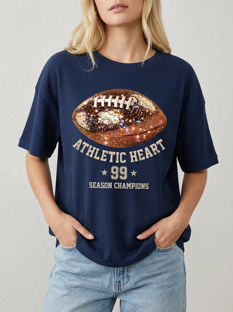 Women's Football Lover Athletic Heart 99 Glitter Printed T-shirt