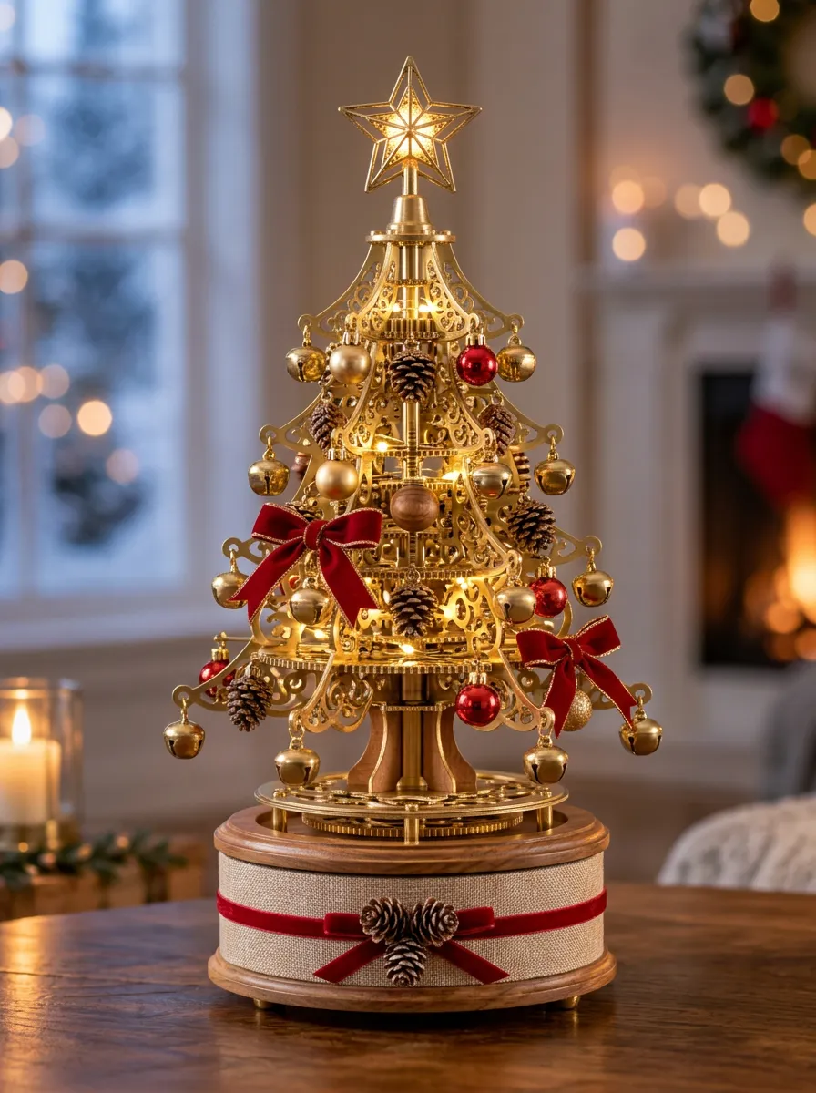 Gold Metal Pinecone Bow LED Christmas Tabletop Tree