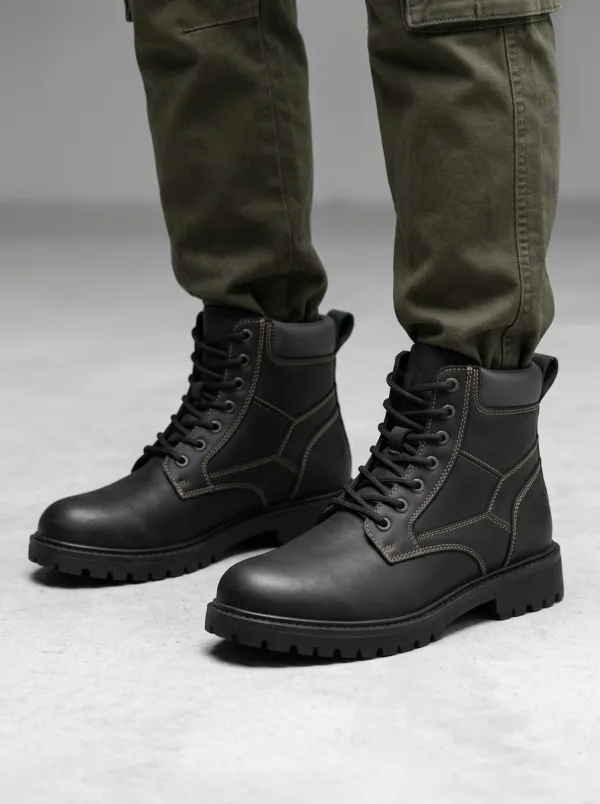 Unisex Leather Contrast Stitching Print Work Boots