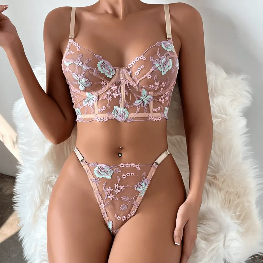 Floral Sheer Corset Lingerie Set