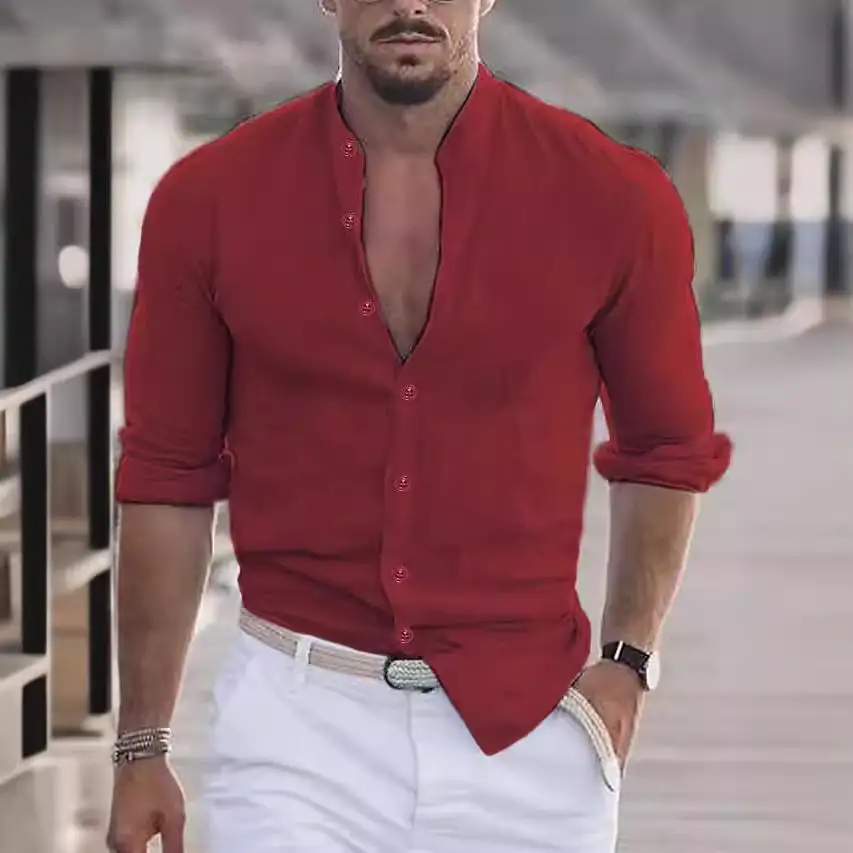 Men's Casual Linen Shirt With Modern Stand-up Collar And Roll-up Sleeves