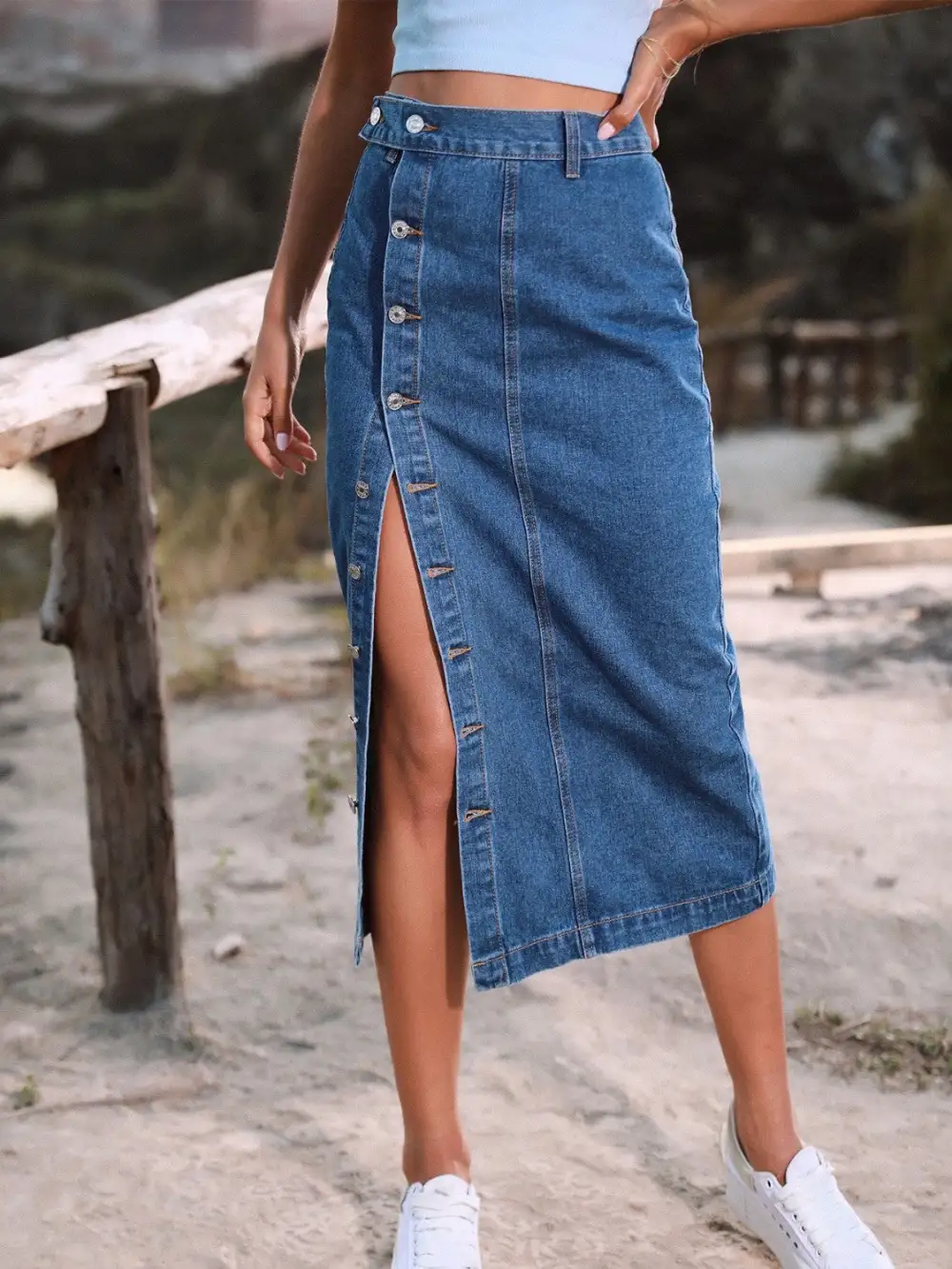 Button Down Denim Slide Skirt